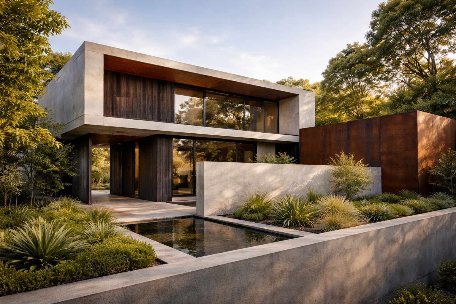 A modern two-story home designed and built by COAD88 featuring raw concrete walls, dark timber cladding, and a reflecting pool.