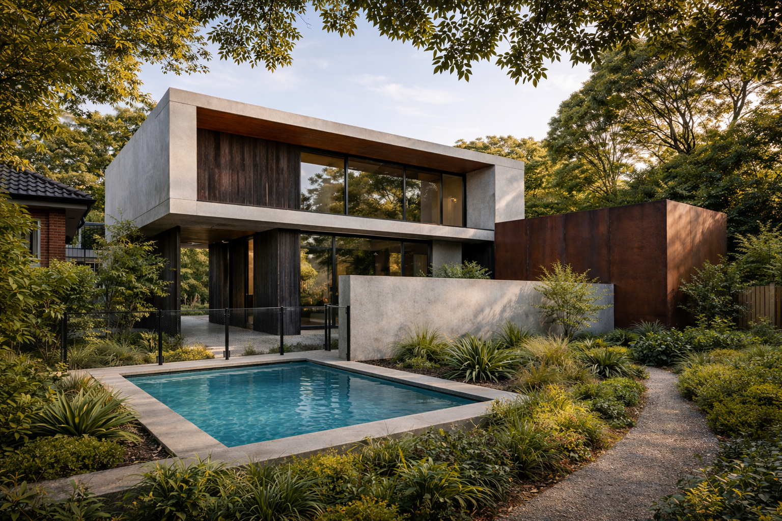 Modern concrete house in Eaglemont Melbourne featuring off-form concrete, burnt timber cladding and Corten steel with landscaped garden and large windows
