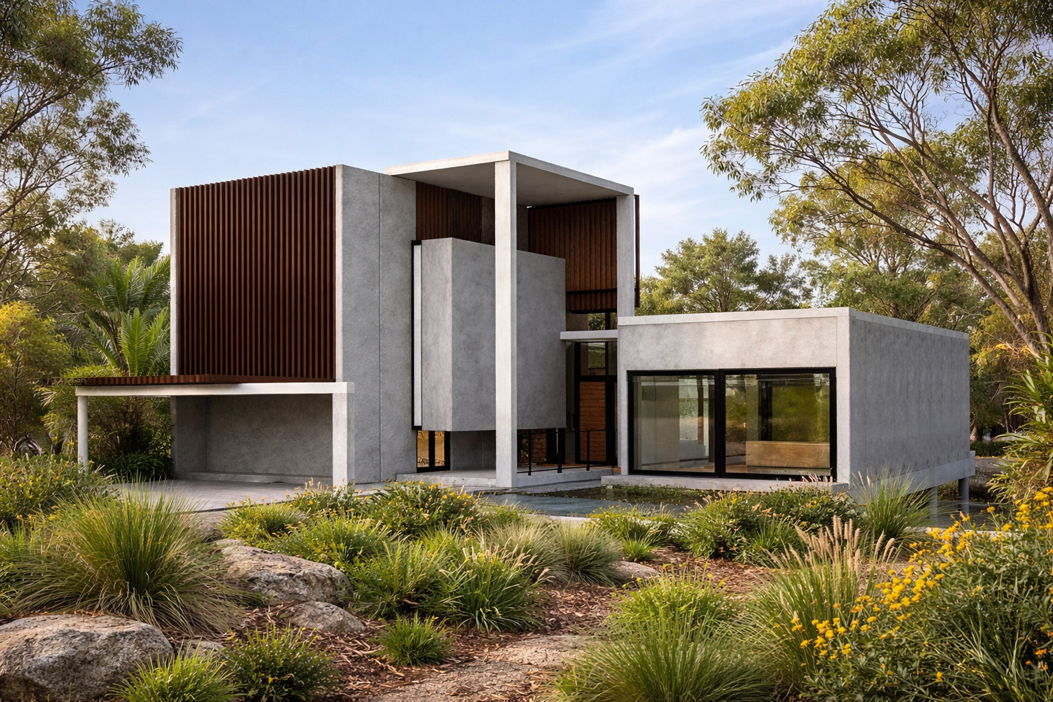 Modern concrete residential home built by COAD88 Concrete in Melbourne, featuring durable concrete construction and Australian native landscaping