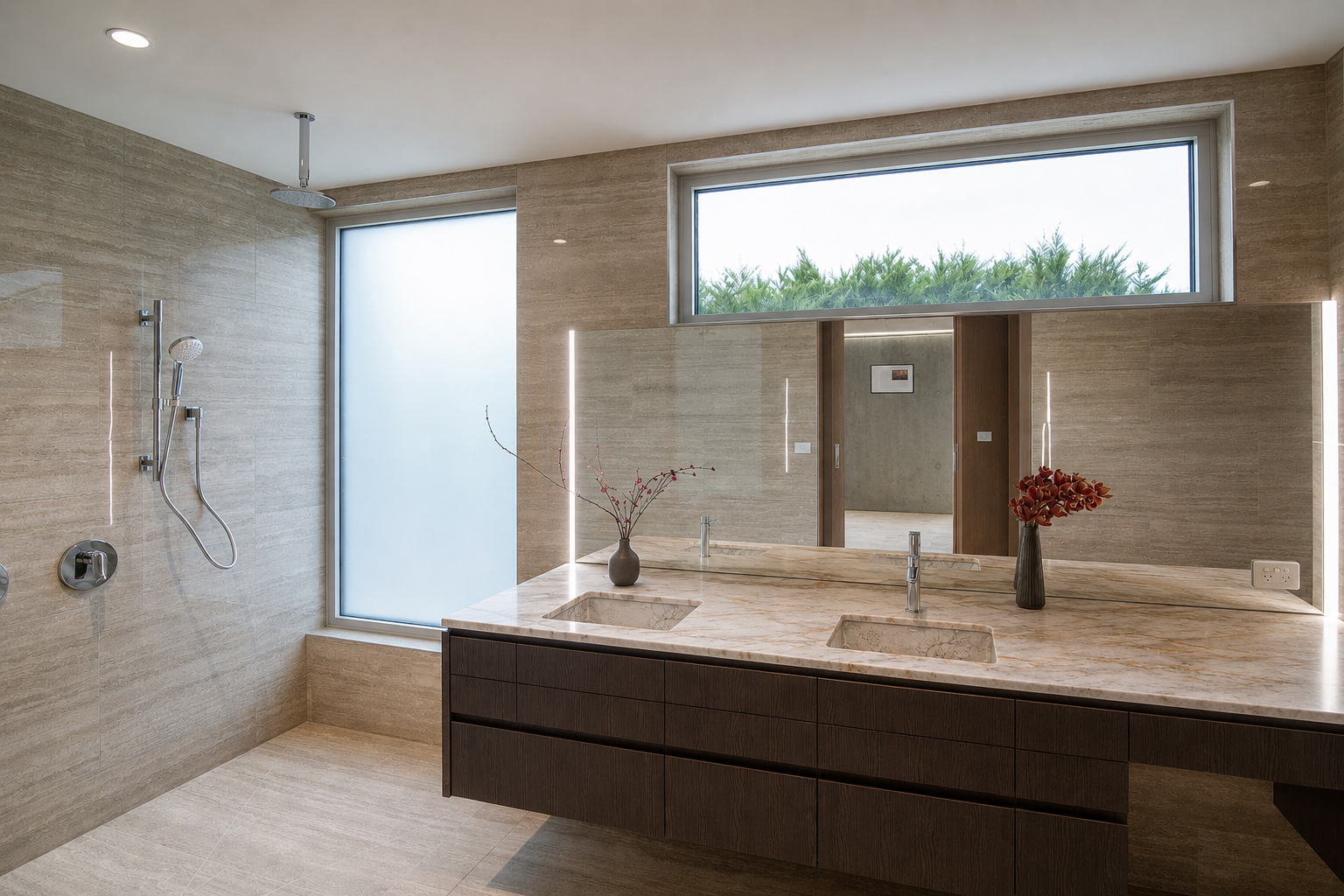 Contemporary bathroom with dark timber cabinetry, natural stone surfaces, integrated mirror lighting and a double vanity.