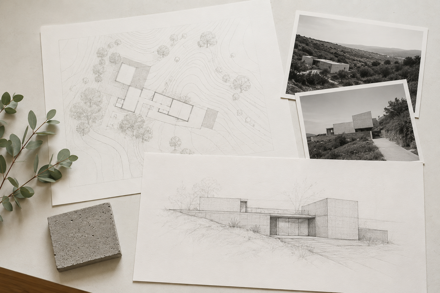 Building plans, concrete home sketches and site photographs representing COAD88’s initial project review process.