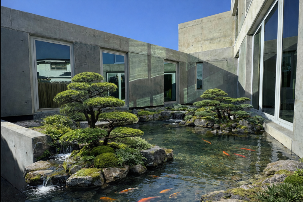 Balwyn North concrete house with Japanese-inspired garden and concrete stepping stone path