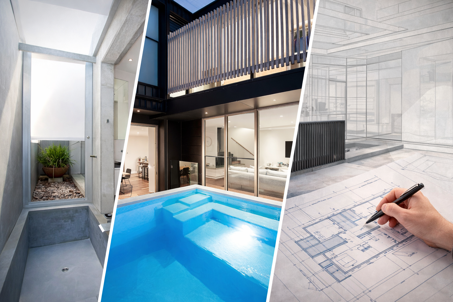 Home renovation and extension process showing interior finishes, courtyard pool construction and architectural drafting.