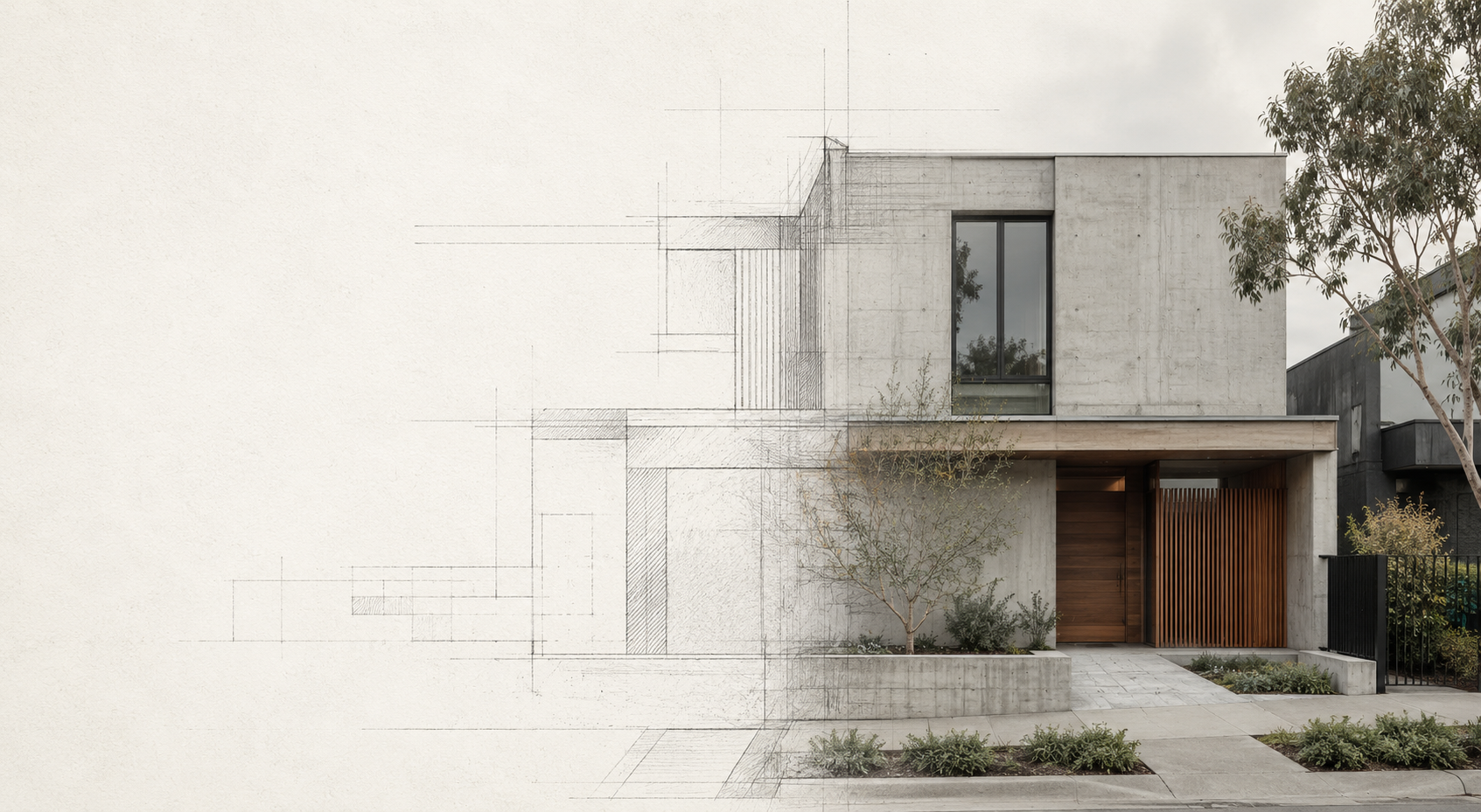 Architectural sketch transitioning into a completed concrete home designed and built in Melbourne by COAD88 CONCRETE.