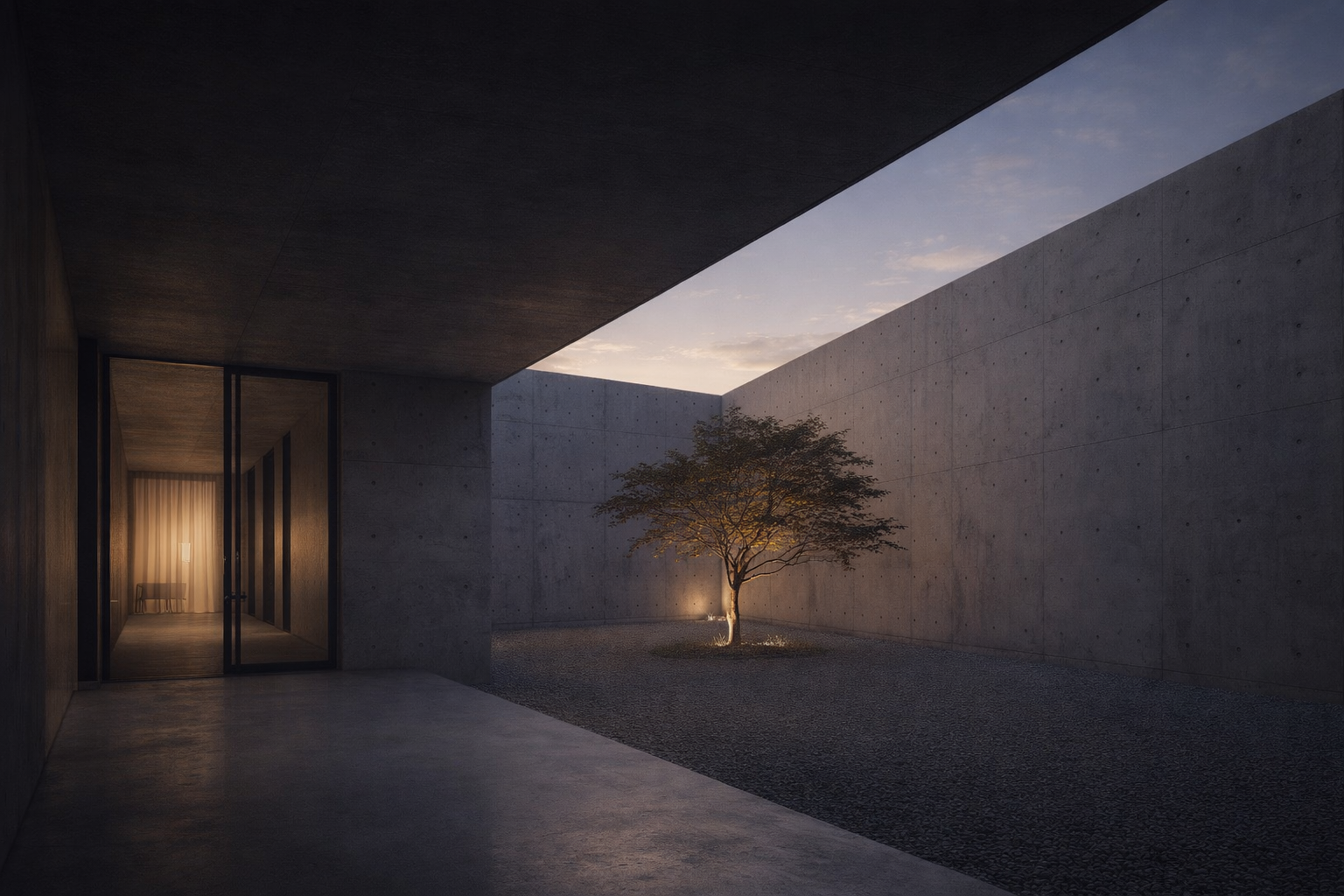 Architect-designed concrete courtyard in Balwyn North with Japanese-inspired landscaping