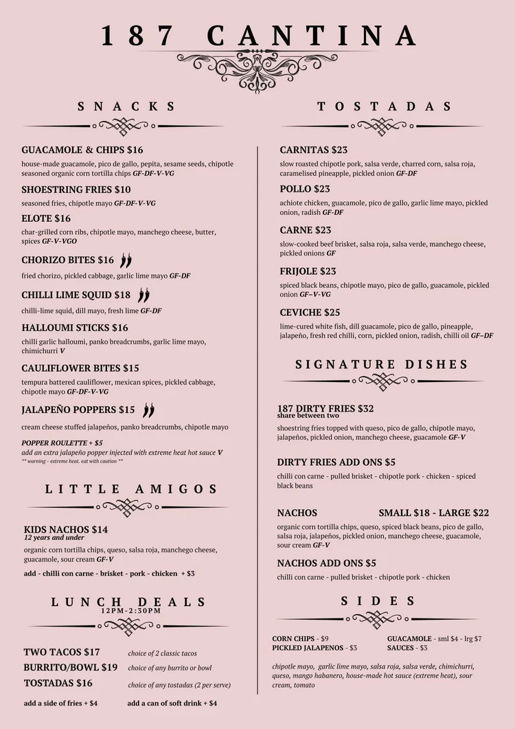 Menu — 187 Cantina