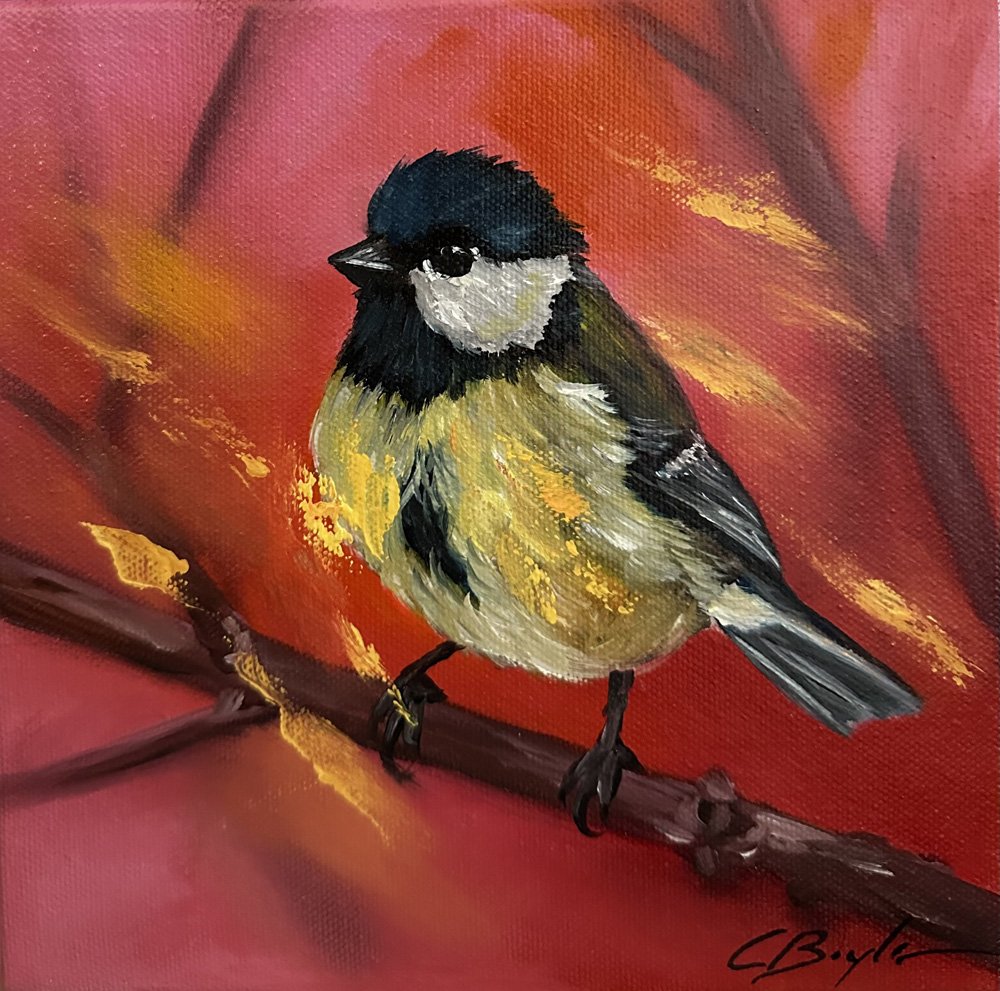 Blue Tit in Red - Oil on Canvas - 20 x 20cm
£175 (Framed)