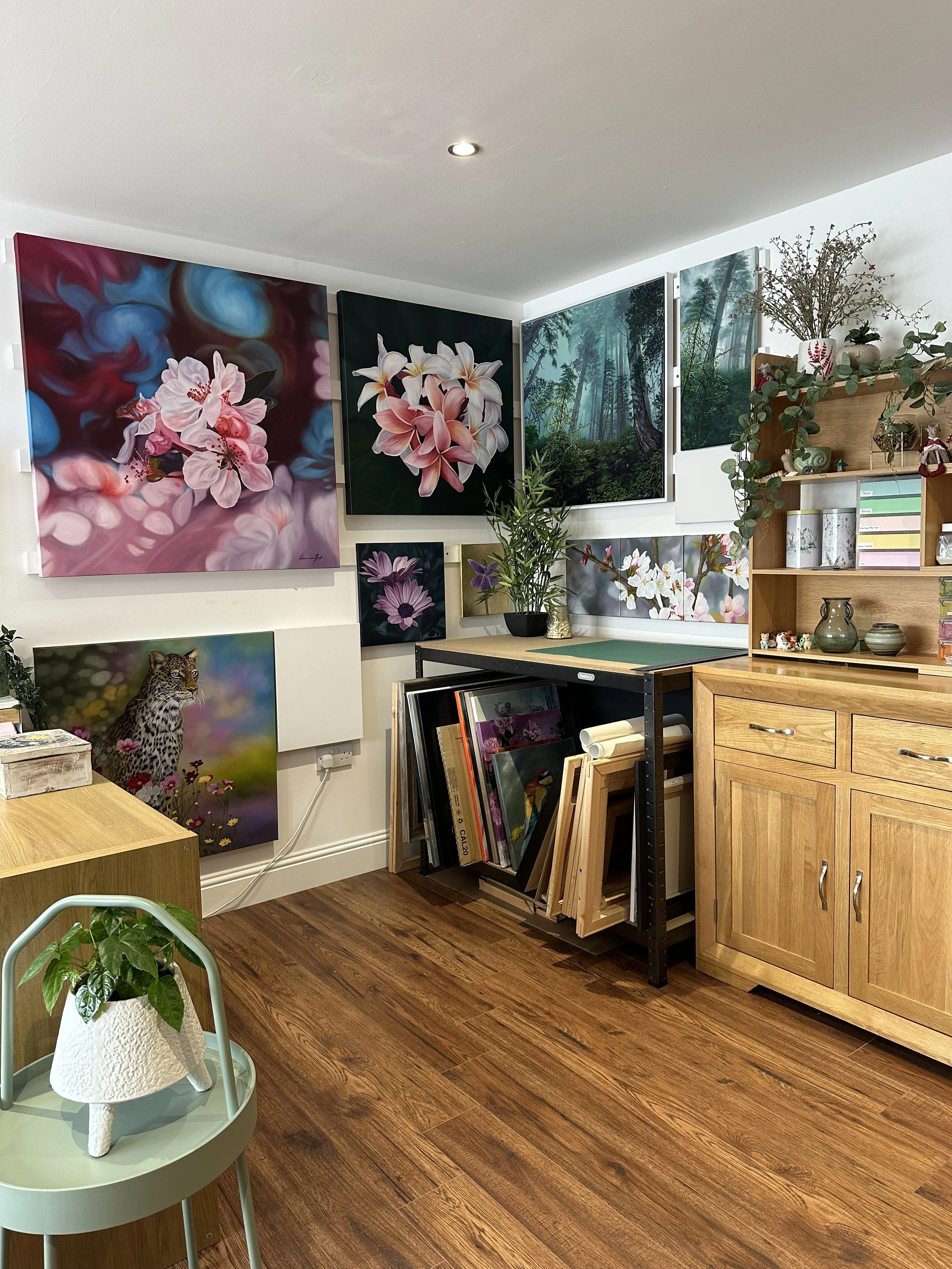 Art studio with hanging original paintings