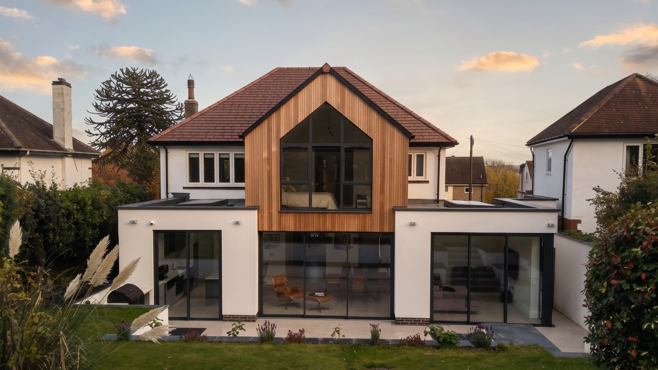 The finished rear elevation, showcasing the successful architectural connection between the original pre-war brick house and the new double-height volume.