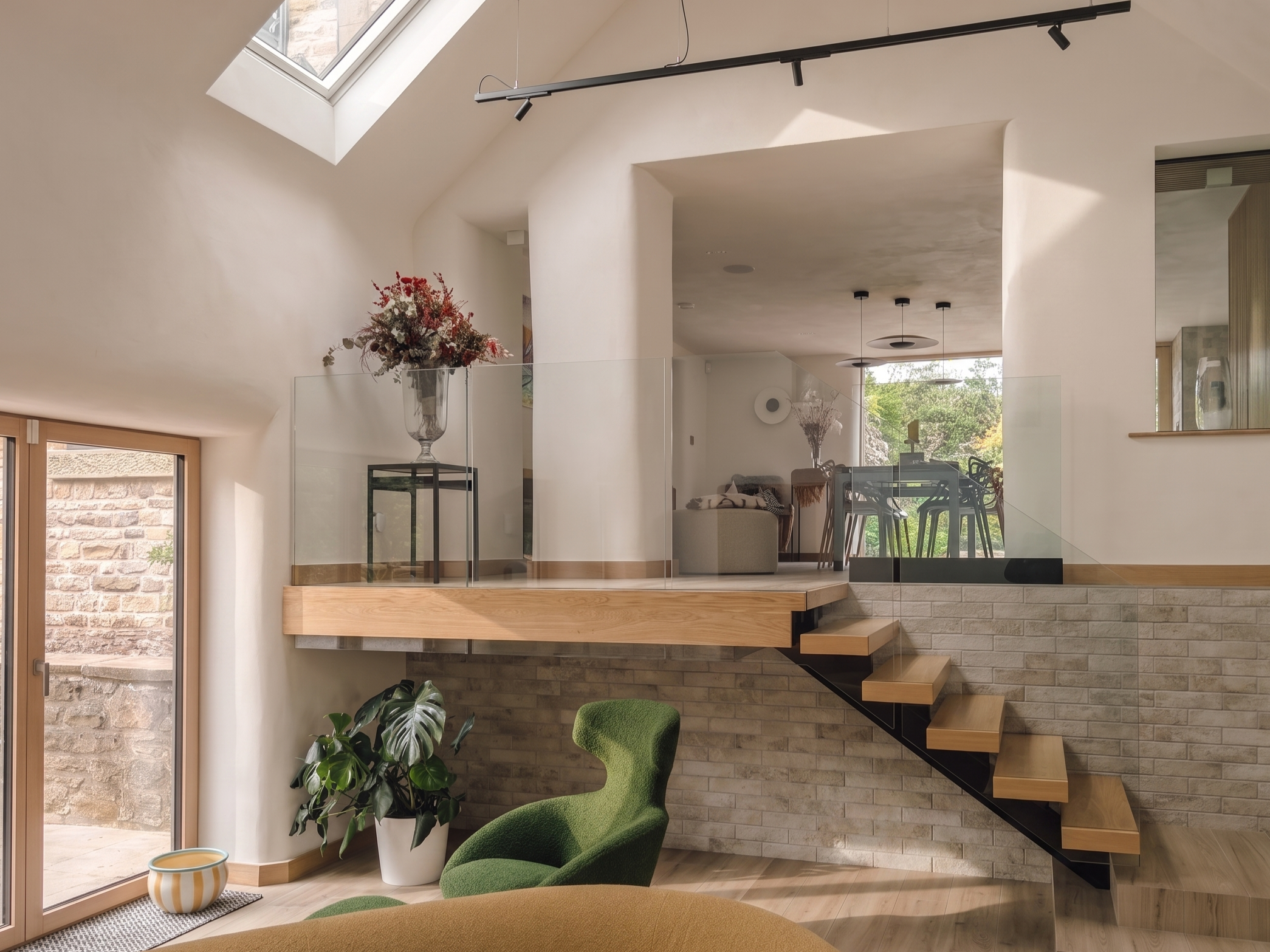 Bespoke floating oak and steel feature staircase designed by MAD Architects LLP, bridging the split-level between the snug and open-plan kitchen at Owlet House