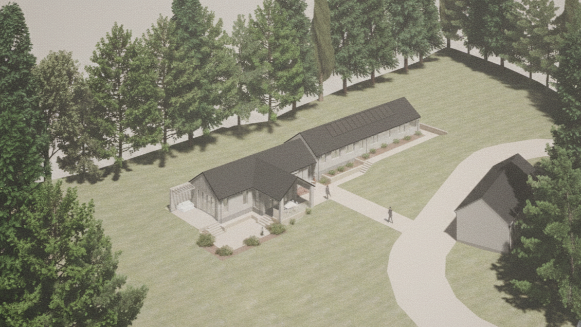 Aerial 3D visualization of a Passivhaus replacement dwelling in Sutton Spring Woods, Chesterfield featuring timber cladding and grey render design by MAD Architects LLP