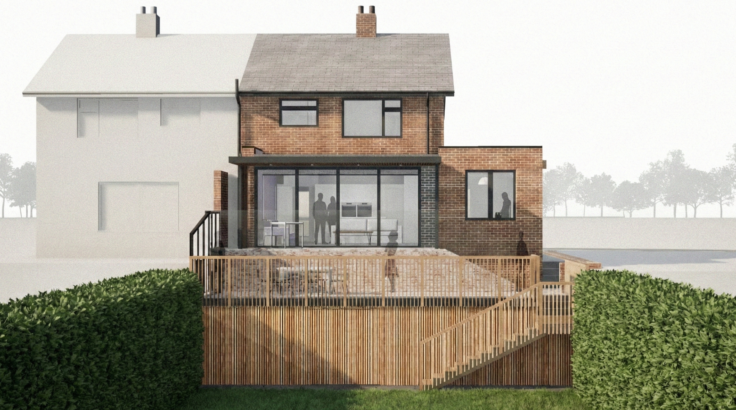 Architectural visualization of a residential extension in Chesterfield, Derbyshire, designed by MAD Architects LLP, showing a raised terrace and glazed sliding doors.