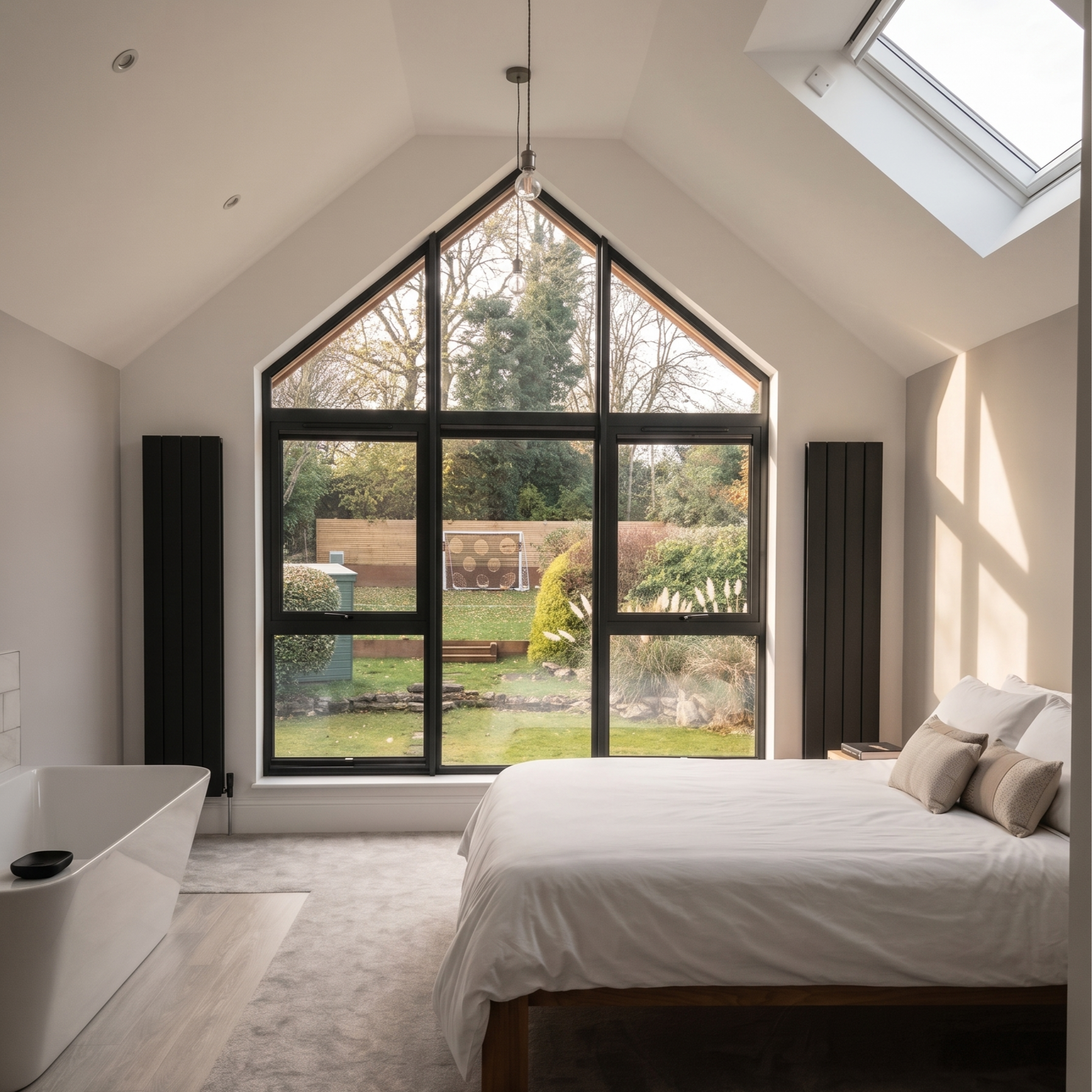 Portrait architectural photo of a vaulted master bedroom suite featuring a freestanding roll-top bath and full-height glazing.