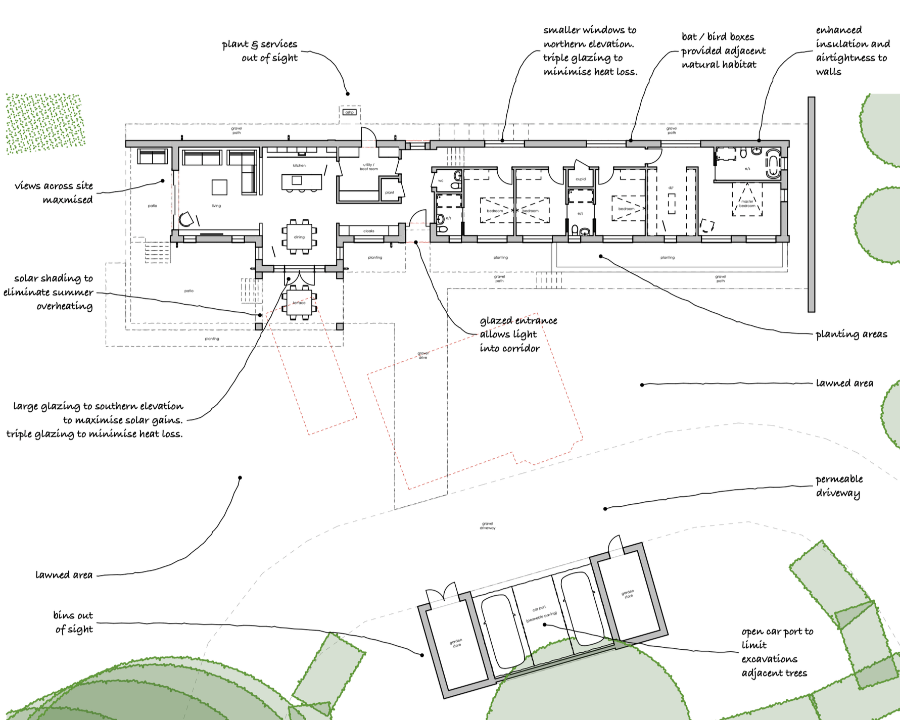 Proposed floor plan and site layout for a Passivhaus replacement dwelling in Sutton Spring Woods, Chesterfield designed by MAD Architects LLP