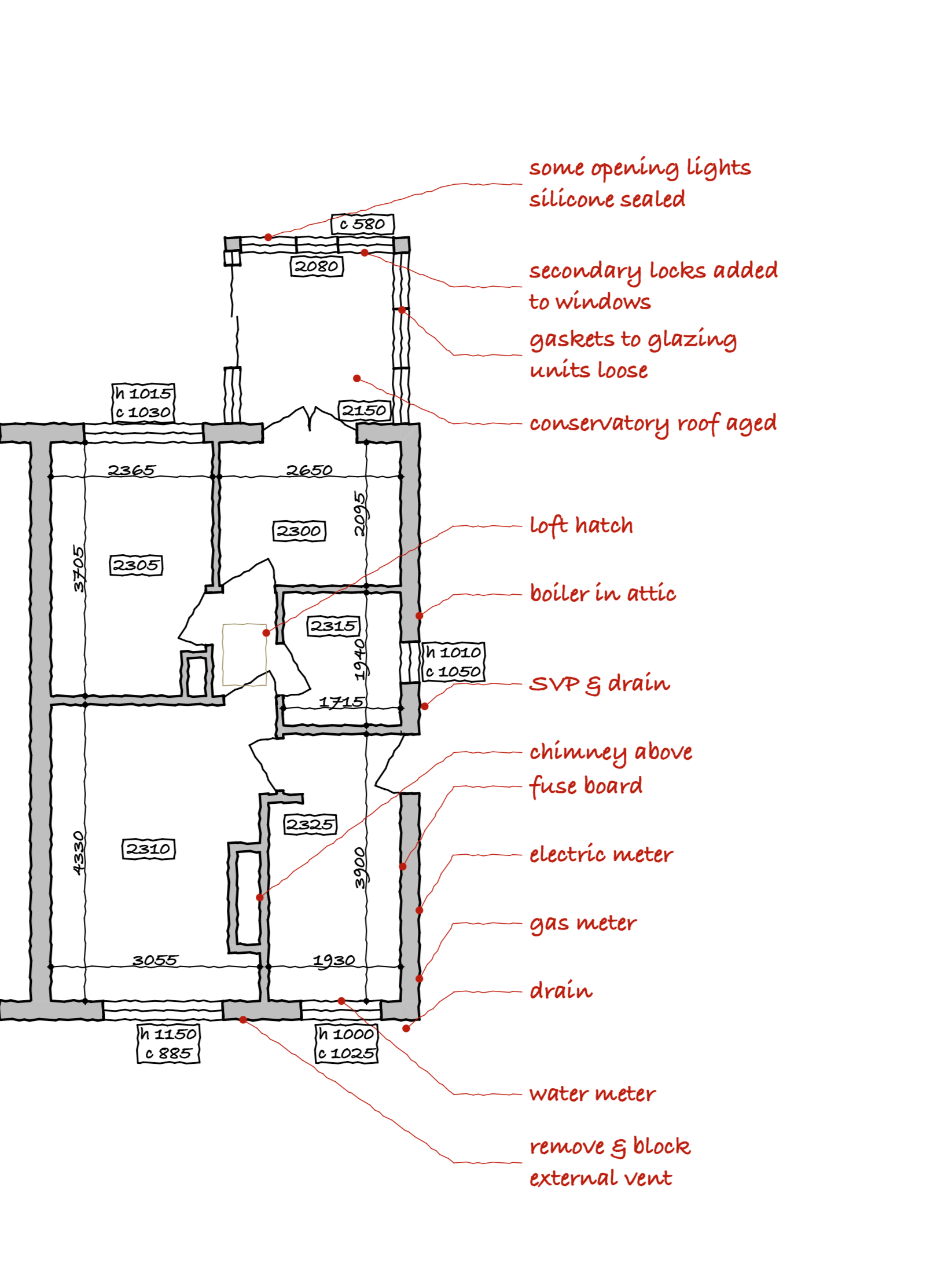 Technical floor plan of a 1970s bungalow showing a fragmented "cellular" layout and a restrictive central corridor that consumed 15% of the usable floor area