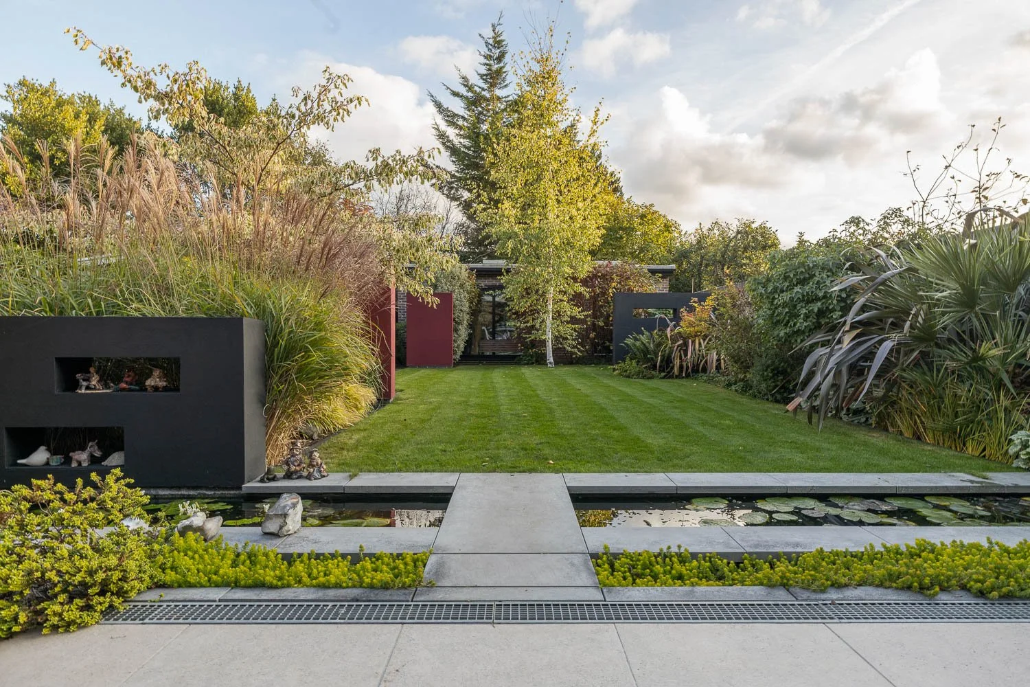 Beautiful modern garden with water feature and grand design theme