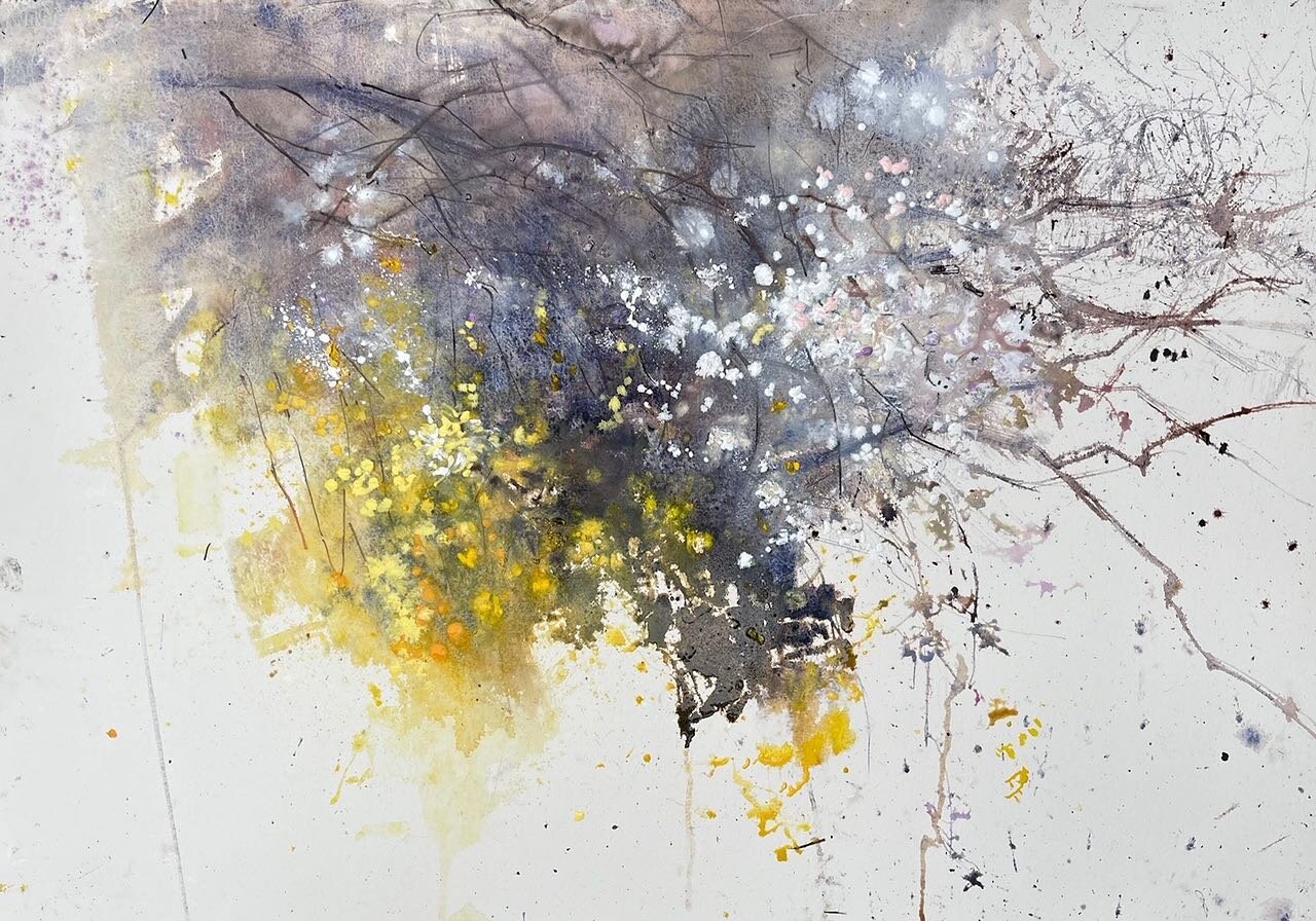 Even though it doesn&rsquo;t feel like Spring right now, the blossoms brighten a very wet and damp morning. 

A dog pinched 3 of my brushes and excitedly run around with them. Luckily, the dog owner had treats with her :-) 

11th March
75x105cm

#blo