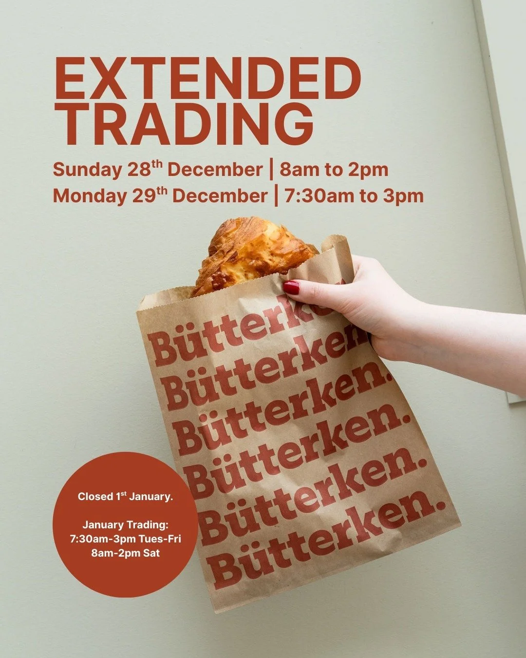 We're opening EXTRA days to be here for all your bakery needs after Christmas Day 🎉

📅 Sunday 28th December: 8am-2pm (OPEN!) 
📅 Monday 29th December: 7:30am-3pm (OPEN!)

Yes, you read that right. We're normally closed these days, but we know how t