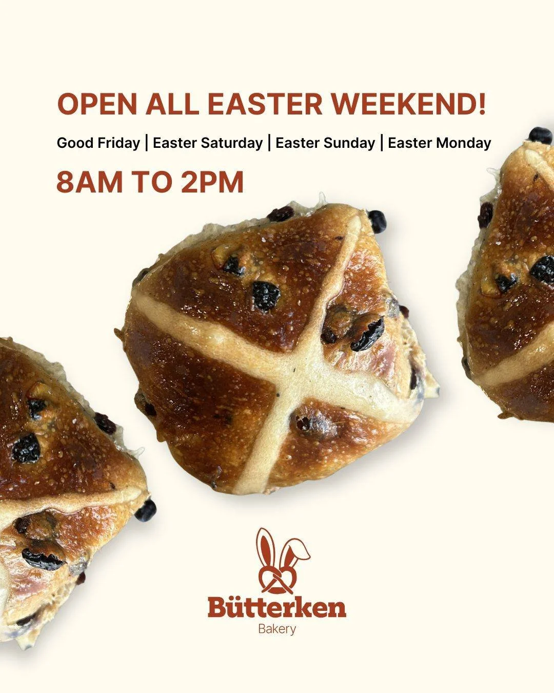 WE ARE OPEN ALL EASTER WEEKEND!🐣

Quick PSA before the "are you open on..." questions start rolling in: We're open Good Friday, Easter Saturday, Easter Sunday, AND Easter Monday - from 8am to 2pm.

🐰 Hot Cross Buns (Traditional and Chocol