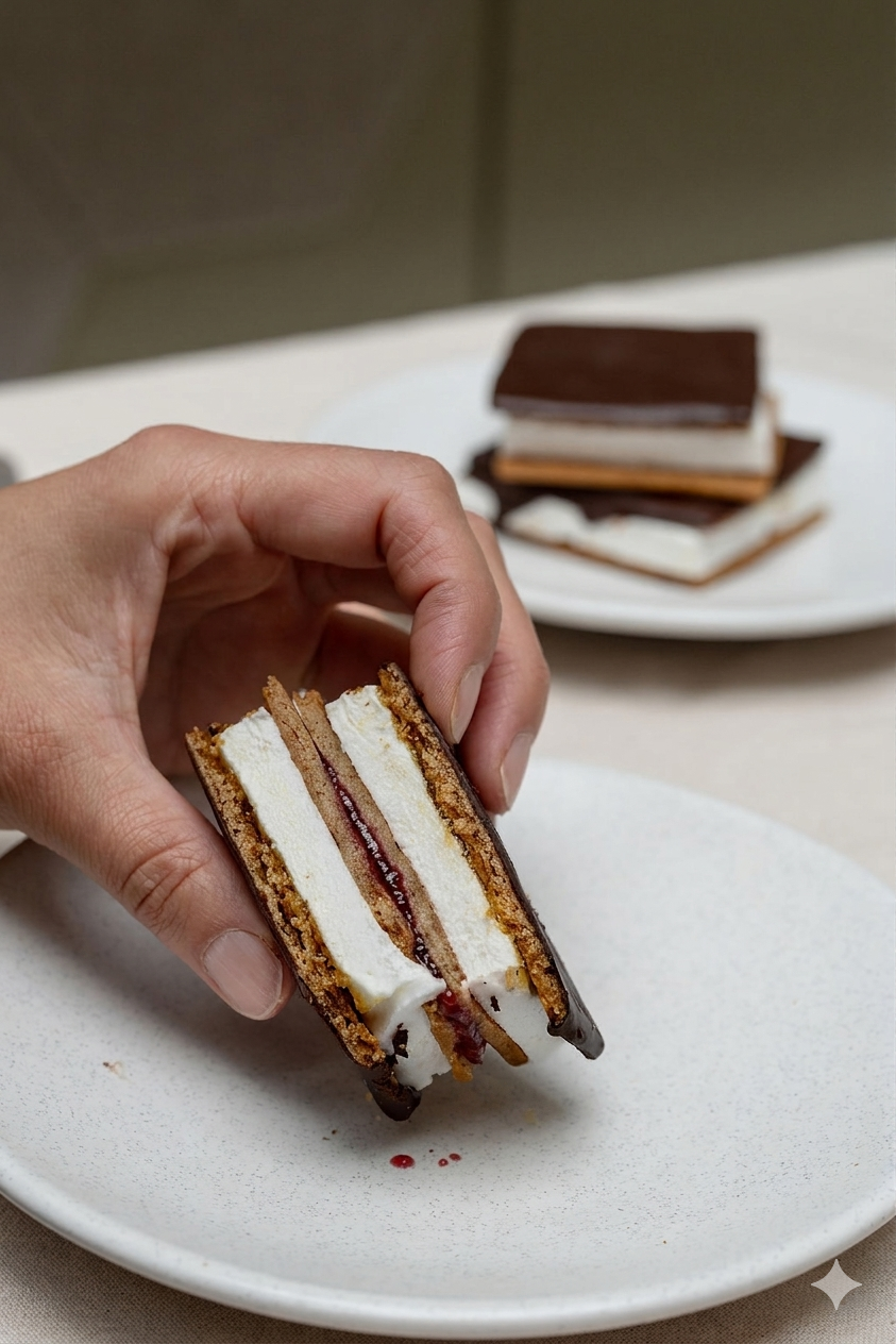 Cross section of Black Forest Marshmellow Cookie stacked held in a hand