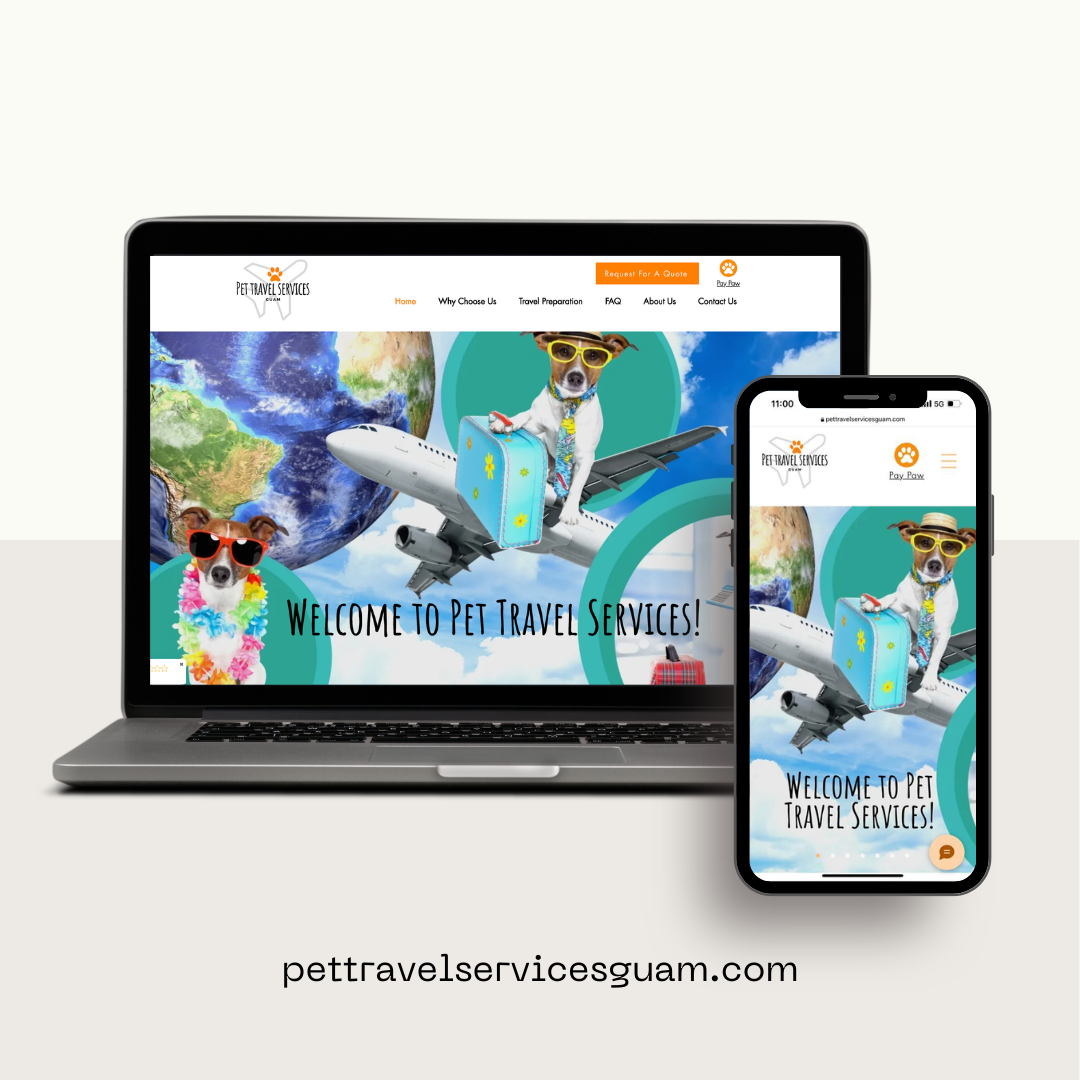Website homepage for Pet Travel Services displayed on a laptop and a smartphone, featuring cartoon dogs with sunglasses and accessories, flying on an airplane with Earth and sky in the background, and the text "Welcome to Pet Travel Services!"
