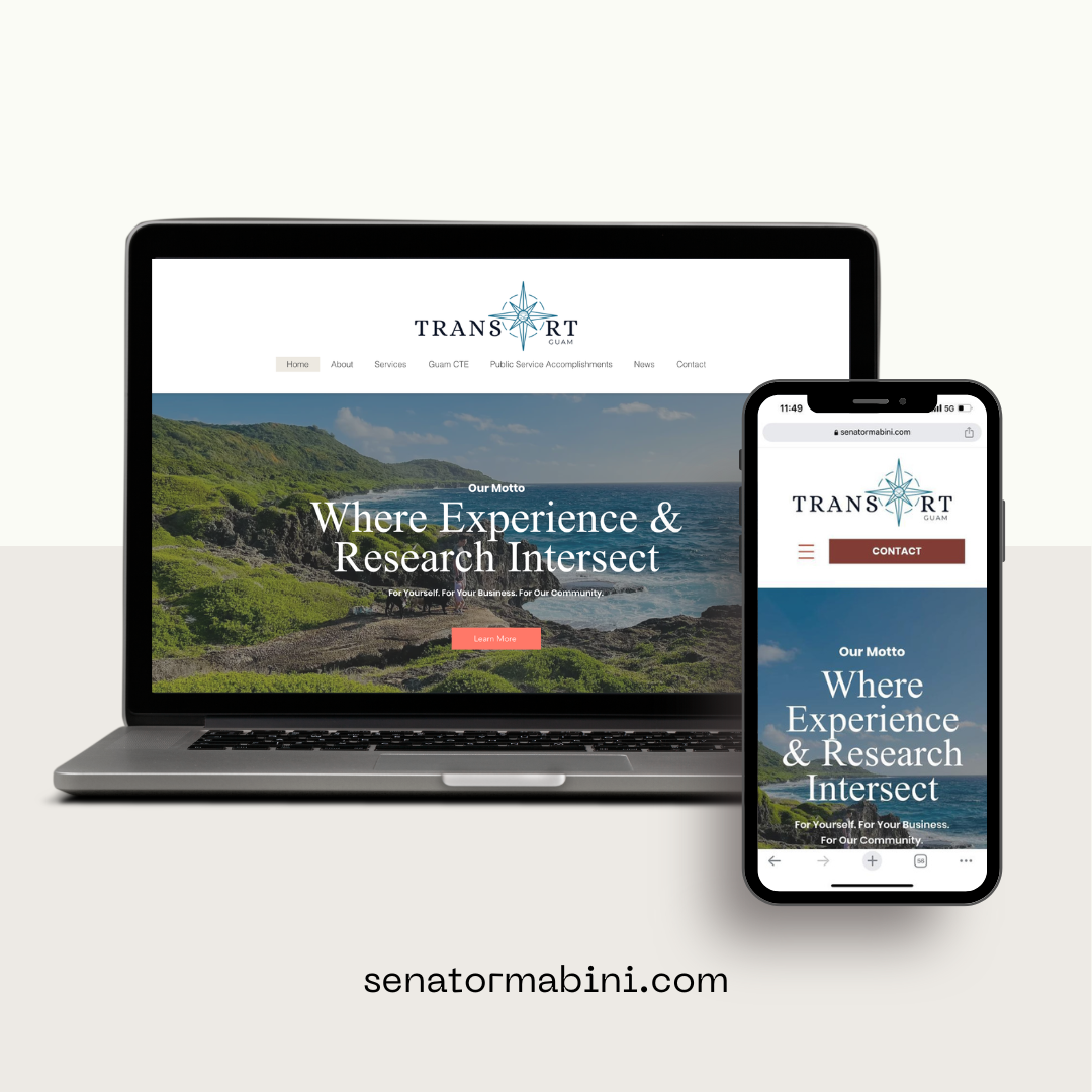 Laptop and smartphone displaying the website for Transort Guam, with the motto "Where Experience & Research Intersect" and a scenic coastal background.