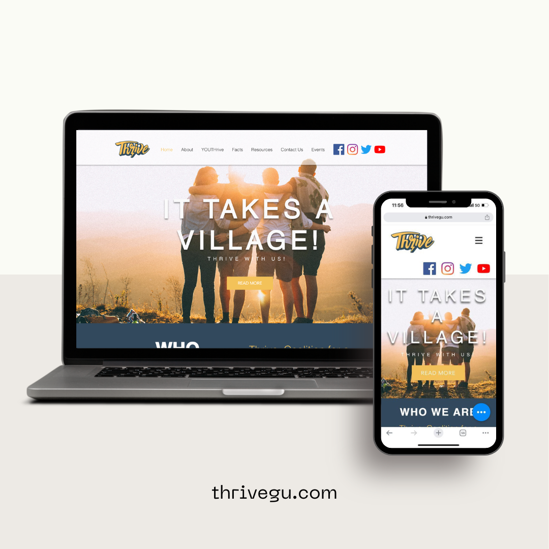 A laptop and a smartphone displaying the homepage of thriveu.com, featuring a group of four people with arms around each other during sunset, with text reading 'It takes a village! Thrive with us!'