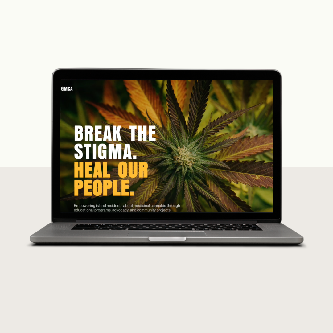 Laptop displaying a cannabis plant with overlaid text: 'Break the stigma. Heal our people.'
