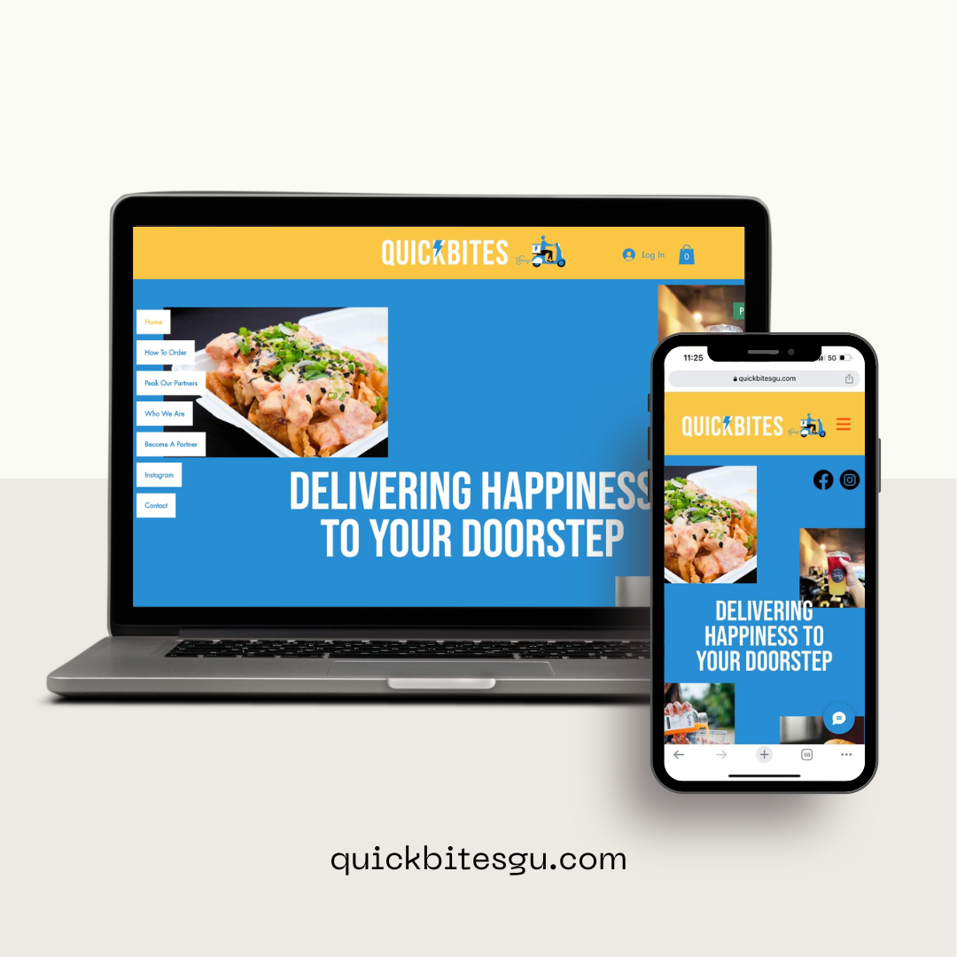 A laptop and a smartphone displaying the QuickBites food delivery website with the slogan "Delivering happiness to your doorstep" and images of food and delivery services.