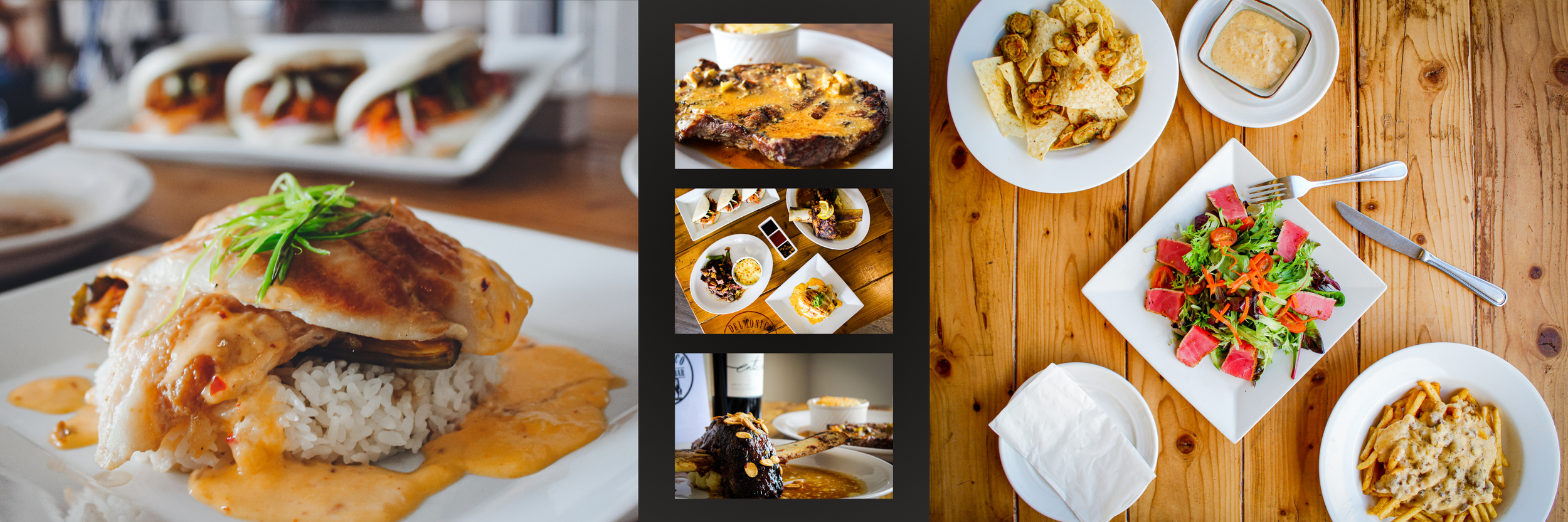 Assorted mixed asian dishes including basa, a grilled steak, nachos, a salad with ahi tuna poke and greens, and a bowl of cheese dip, all on a wooden table.