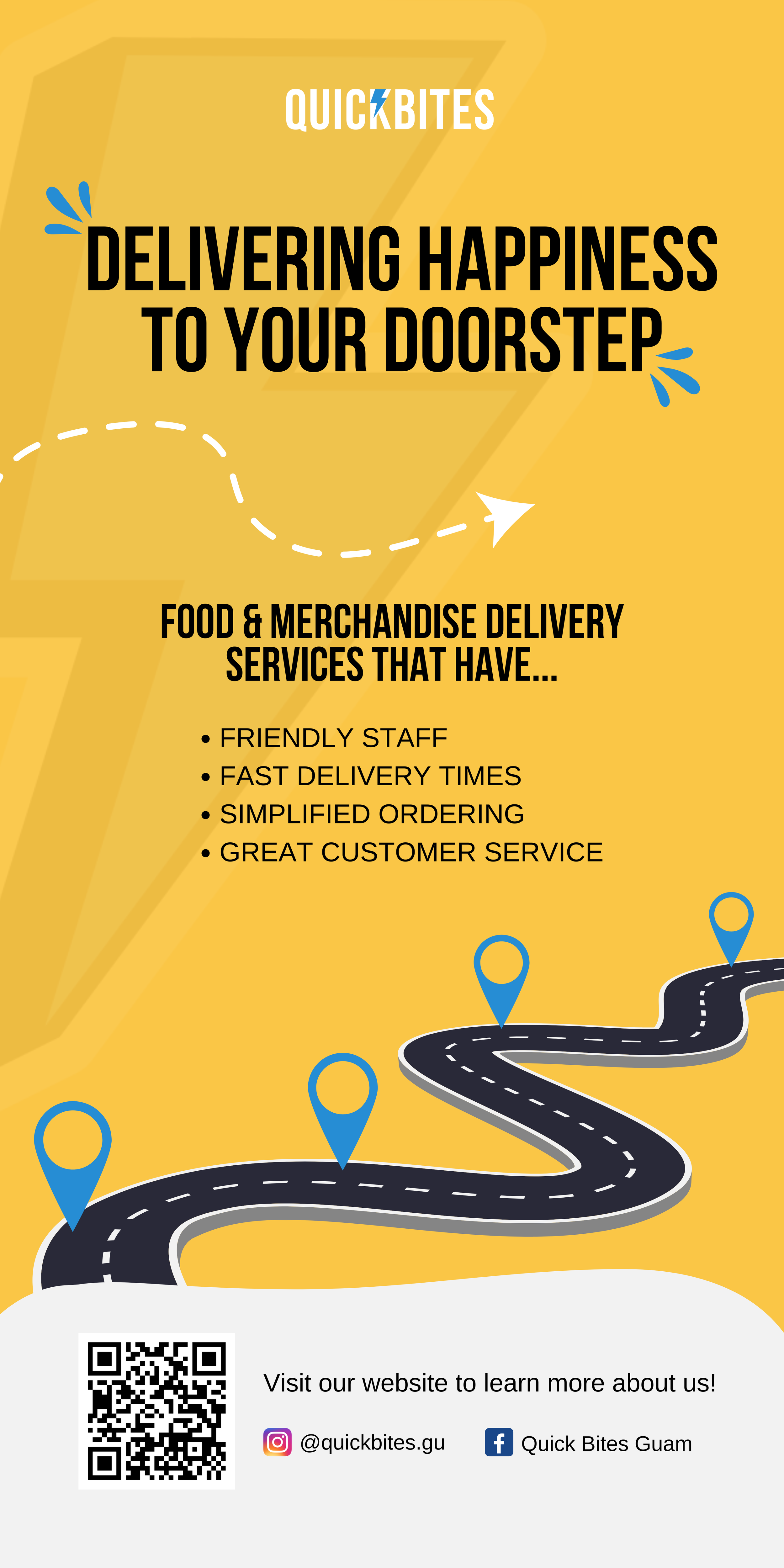 Bright yellow promotional flyer for Quick Bites food delivery service featuring a winding road with location pins, bold black text highlighting key service features, and a QR code for website access.