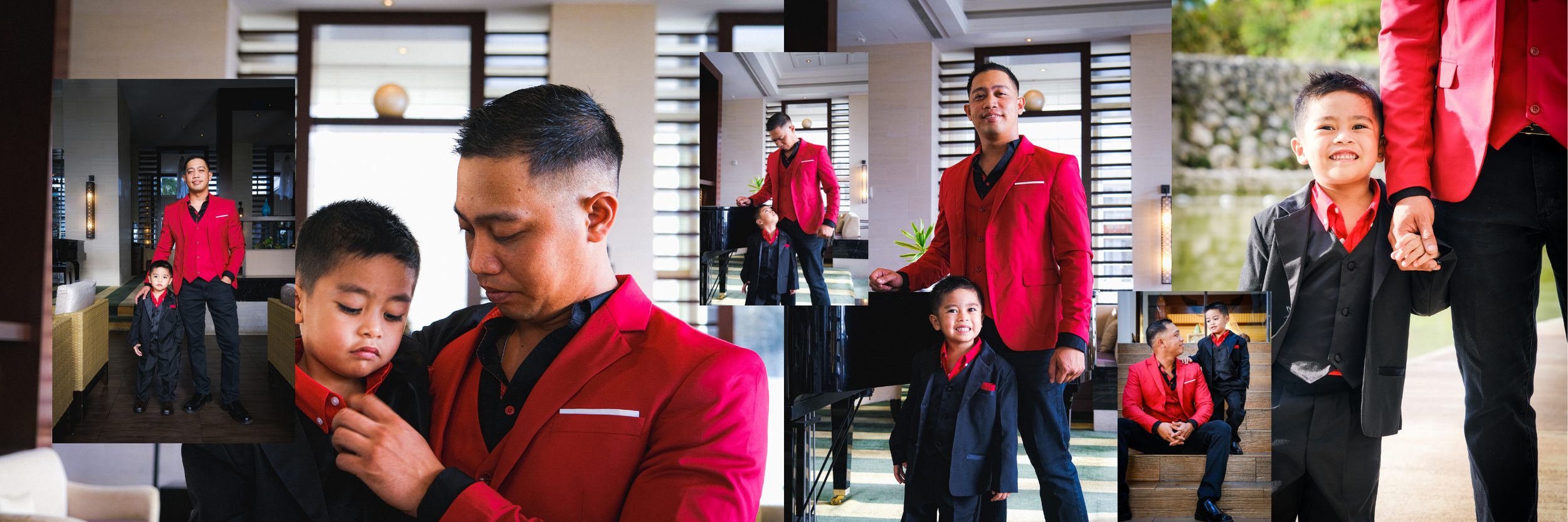 A man in a red suit and a young son in a black suit with a red shirt are in various scenes, including indoors on a black piano and outdoors by water, with smiling and serious expressions.