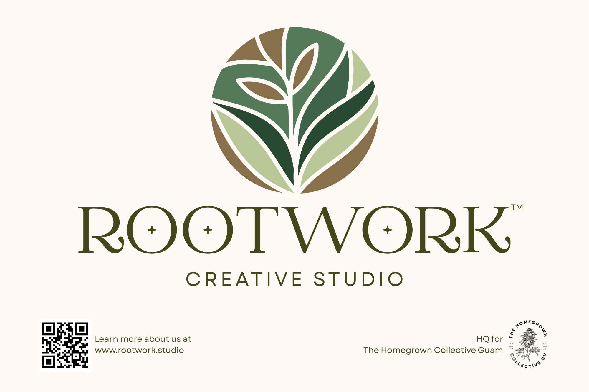 Logo for Rootwork Creative Studio featuring a circular green leaf design and the words 'ROOTWORK' and 'CREATIVE STUDIO' in green and black text.