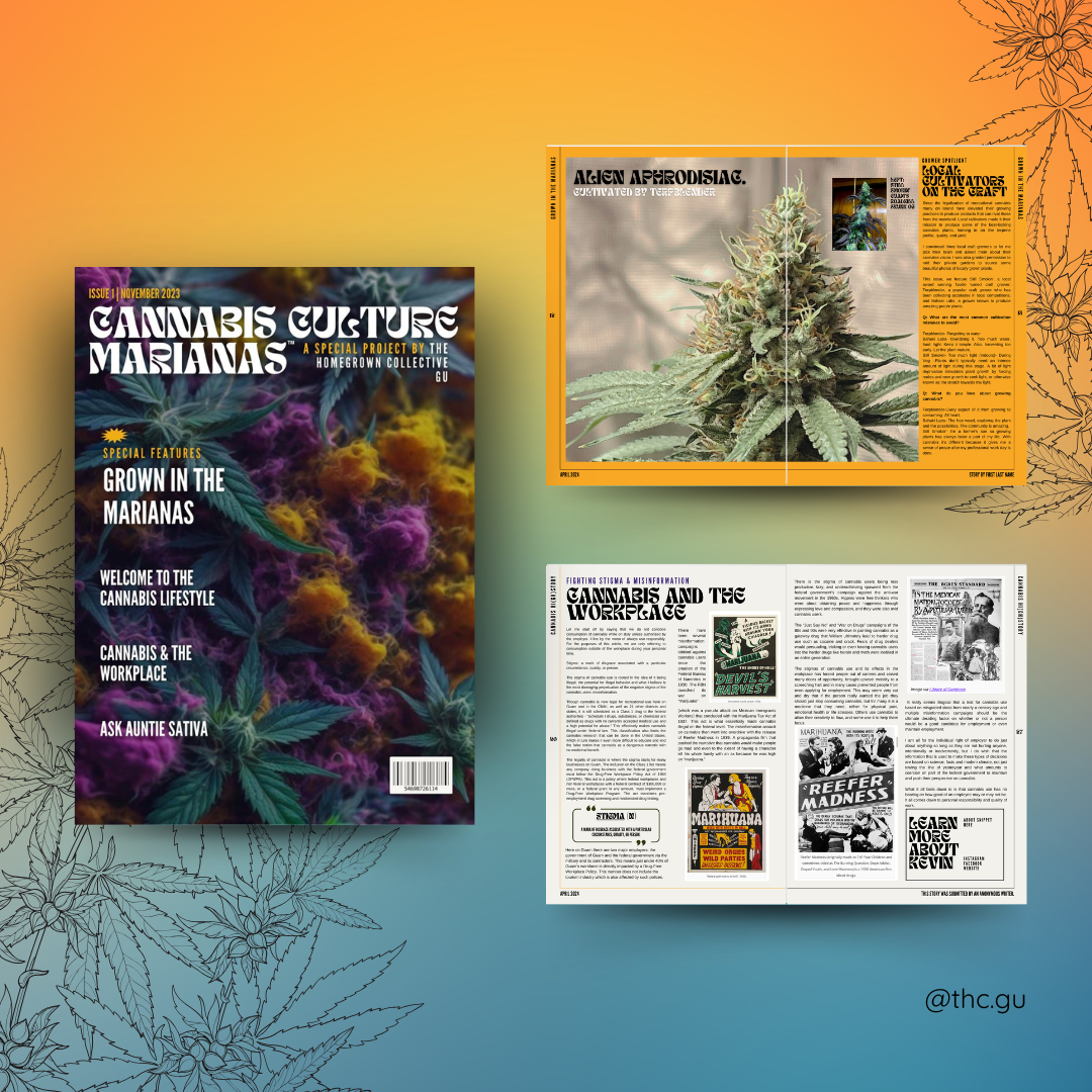 Cover of Cannabis Culture Mariana's magazine featuring colorful marijuana buds, with articles about cannabis cultivation, lifestyle, workplace issues, and advocacy, along with two interior pages showing a cannabis plant and related content.