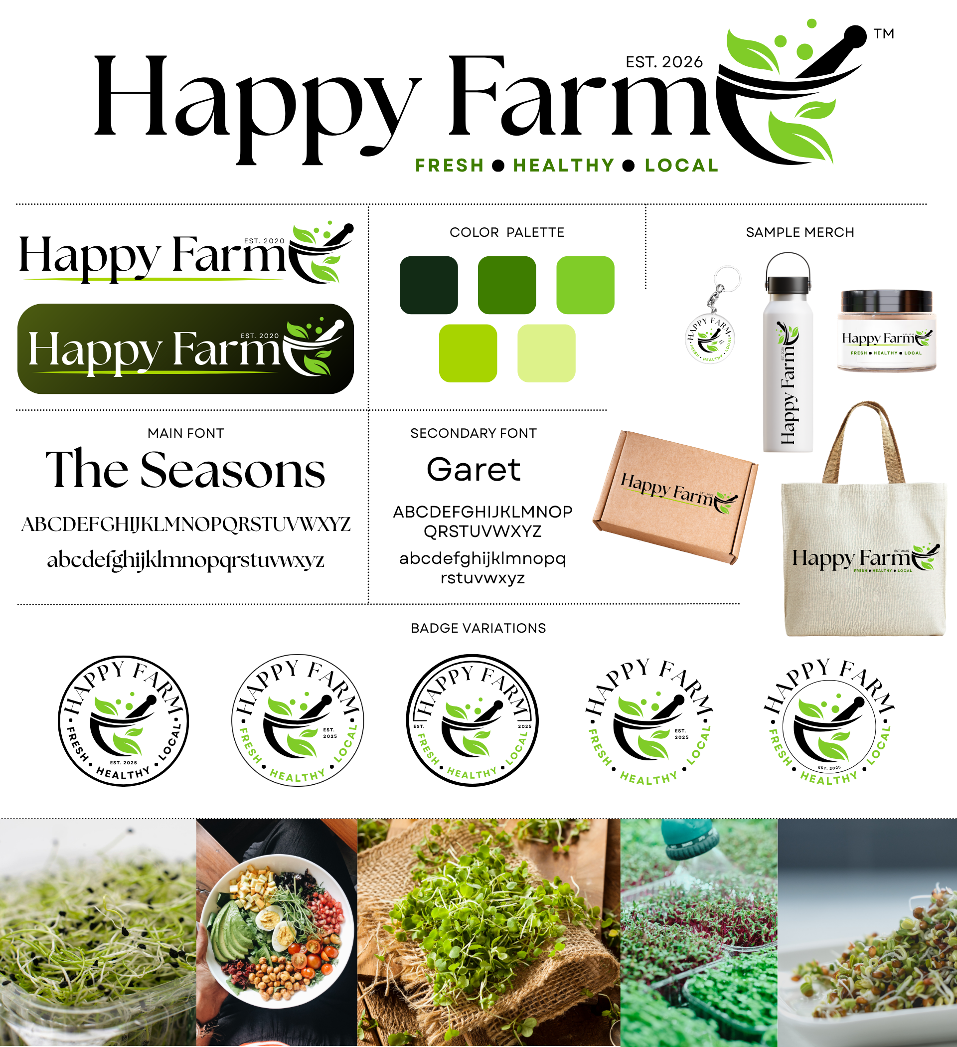Brand logo for Happy Farm featuring a black mortar and pestle with green leaves and dots, with the words Happy Farm and the tagline Fresh Healthy Local, and various labels, tags, and images of farm products, microgreens, salads, and seedlings.