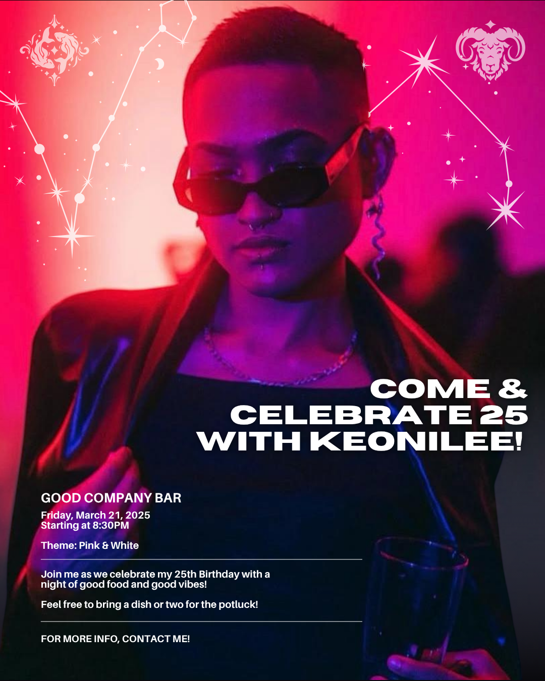 Party invitation poster with a person wearing sunglasses, in a pink and purple light setting, celebrating 25th birthday with stars and constellation illustrations, and zodiac signs in the corners.