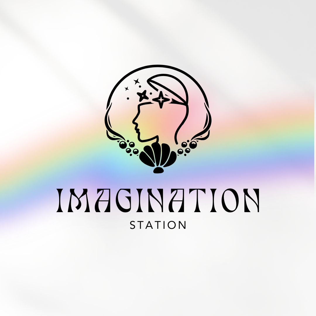 A logo featuring a woman's profile with stars and a moon inside her head, surrounded by decorative elements, and the words "IMAGINATION STATION" below.