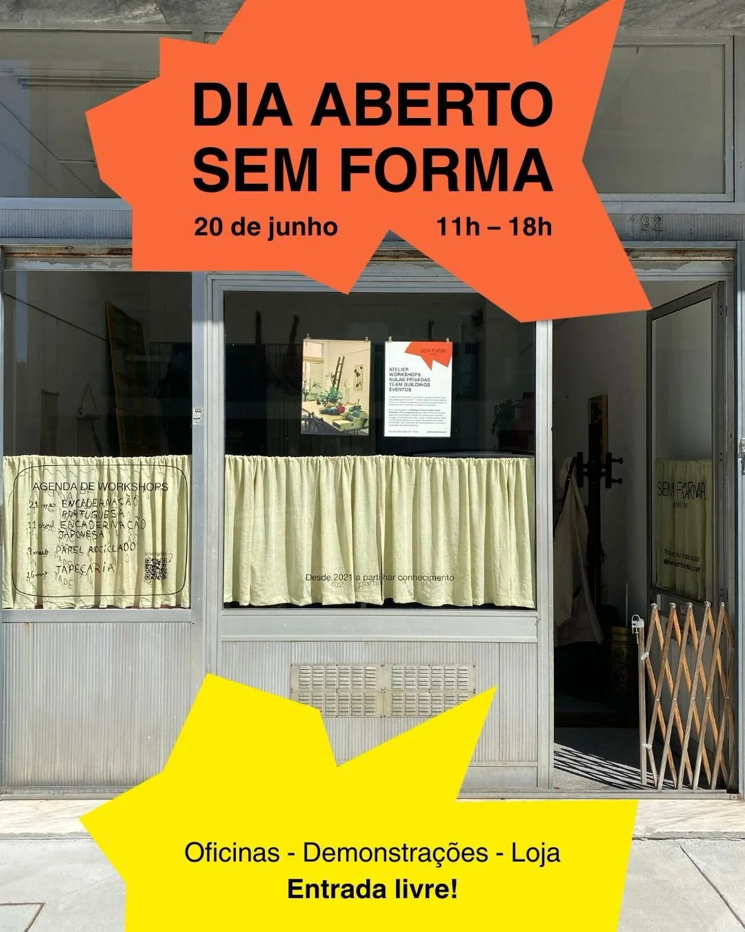 No dia 20 de junho abrimos as portas do Atelier Sem Forma e gostar&iacute;amos muito de te ter connosco!

Ao longo do dia poder&aacute;s tecer numa tape&ccedil;aria coletiva, imprimir uma capa em linogravura, encadernar o teu pr&oacute;prio caderno e