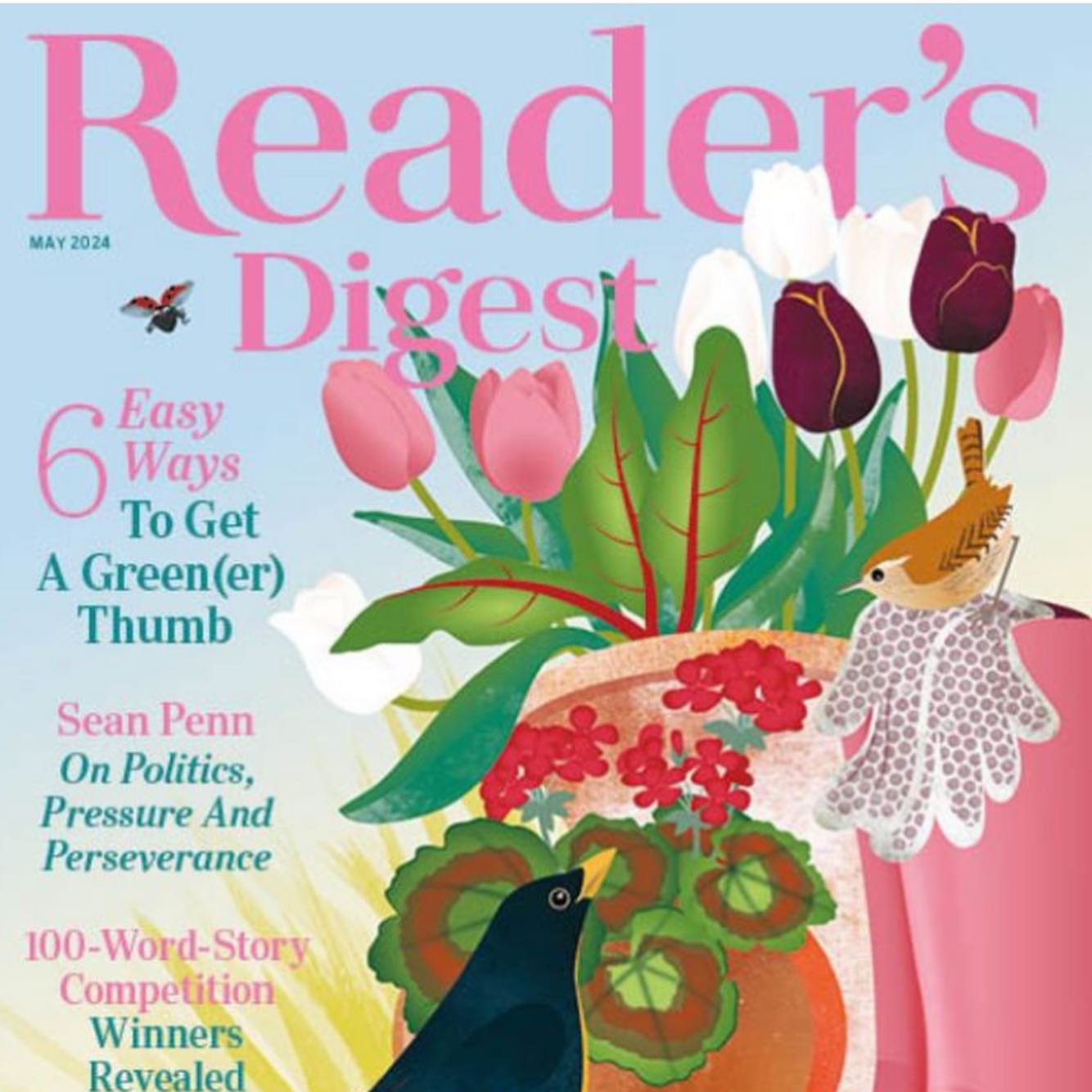 Anyone who knows me is aware I&rsquo;m rather fond of blackbirds. So when @readersdigest_uk asked me to illustrate the cover of their May magazine, (as long as I included some pink wellies), I placed a male blackbird centre stage. The lead feature is