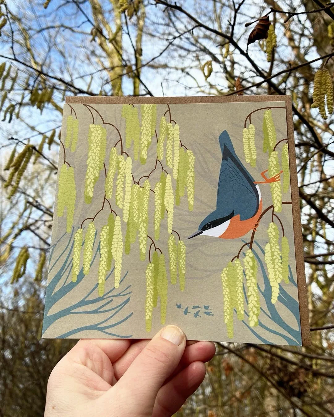 Nuthatch and Hazel catkins. This illustration is going on a few adventures... It&rsquo;s a greetings card in two colour ways, appears as &lsquo;February&rsquo; on the 2026 RSPB Family Organiser and now exists as a tapestry kit from the clever folk @c