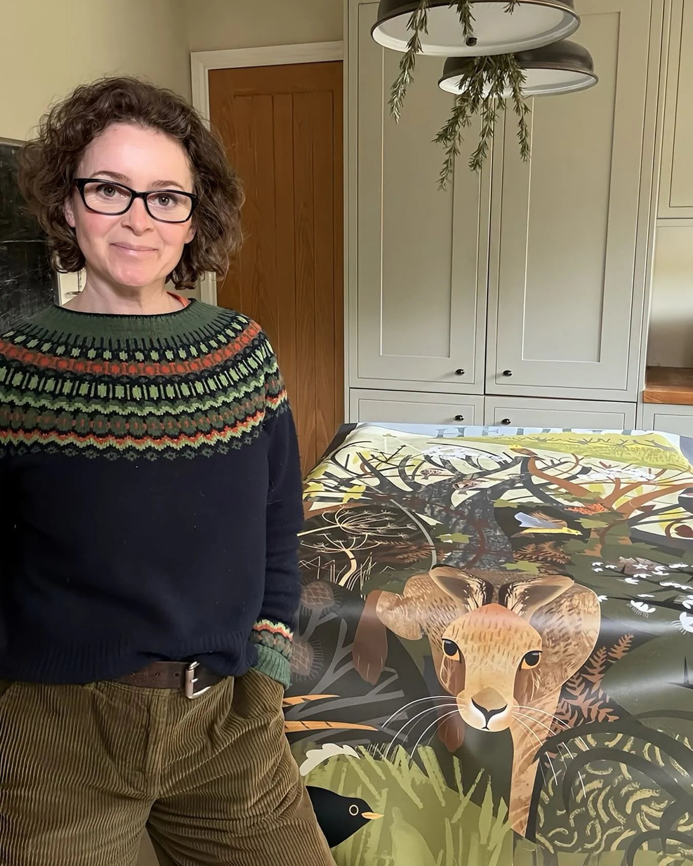 Hello from the human behind the illustrations - curls, fair isle, big trousers, spring hare.