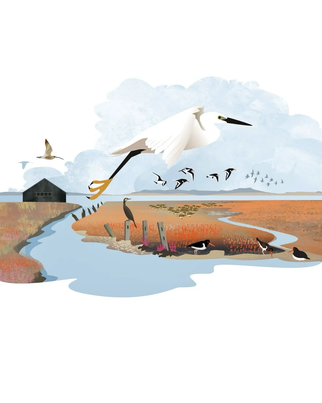 Newtown Quay, Isle of Wight with little egret taking flight. This is a small fragment of a very large panel that will be located on the side of the boathouse. It tells the tale of a once thriving medieval port to the beautifully tranquil national nat