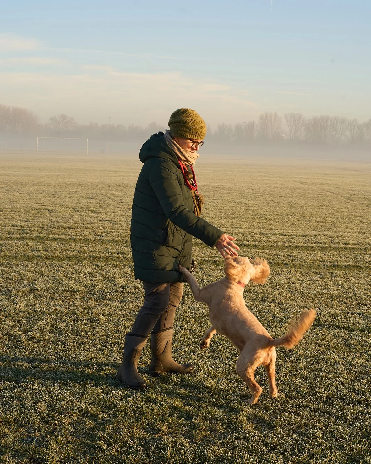 A person wearing a green beanie, glasses, a dark puffer jacket, and rubber boots plays with a dog in a misty outdoor field during sunrise or sunset.
