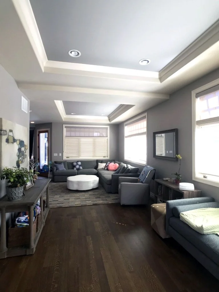 Modern living room with hardwood floors, gray sectional sofa, white ottoman, and large windows. The room features recessed lighting, a console table with decor and plants, and a minimalist design.