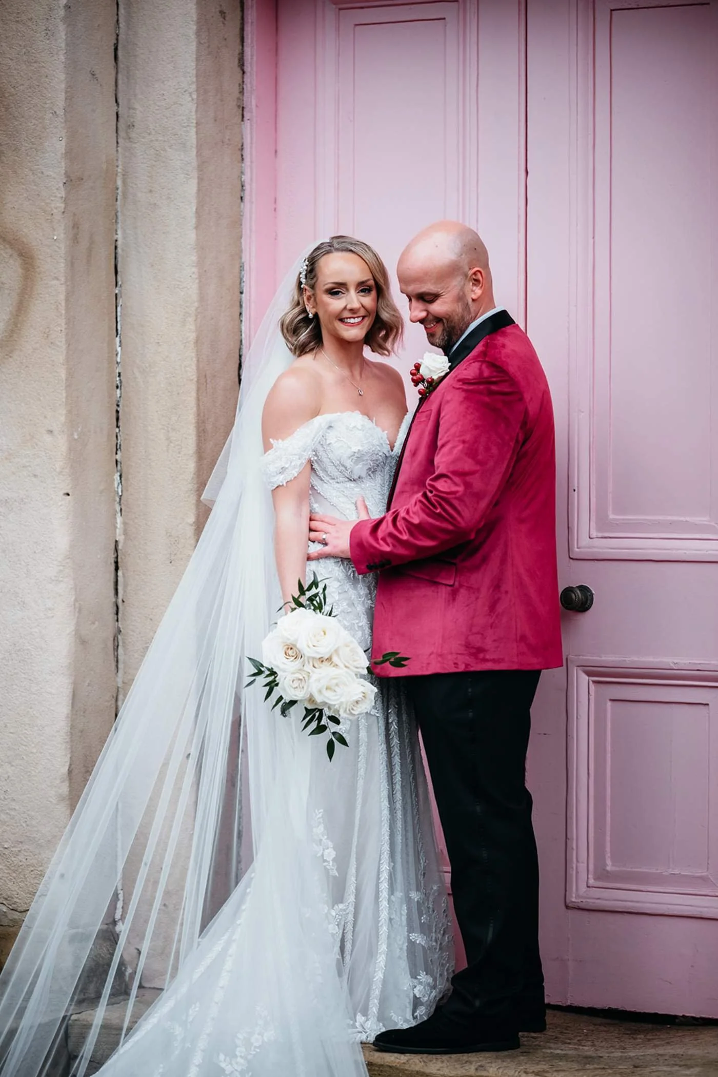 Bride and groom hug at the croft hotel in darlington