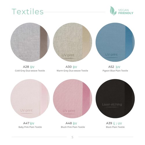 Grey, blue, pink and black textile cover swatches