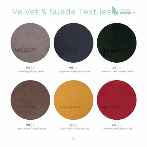 Velvet and suede swatches including emerald green and deep sea blue