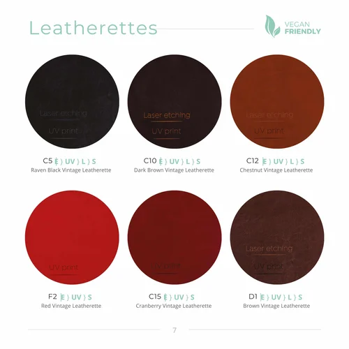 Vintage leatherette swatches in black, browns and reds