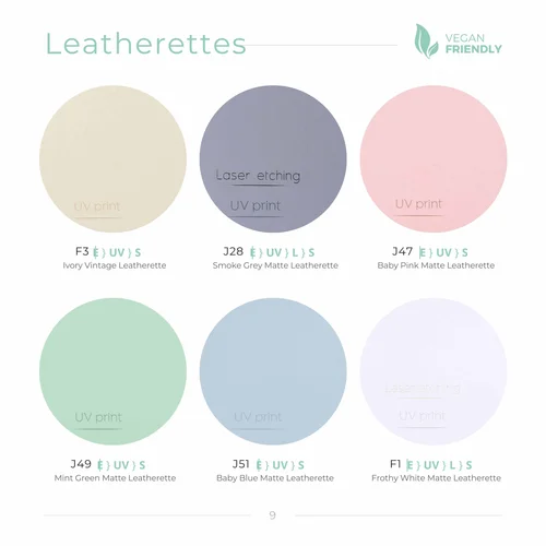 Leatherette swatches including ivory, smoke grey and pink