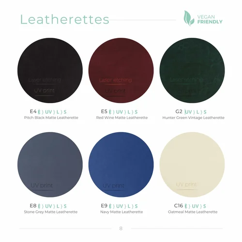 Matte leatherette swatches including black, hunter green and navy